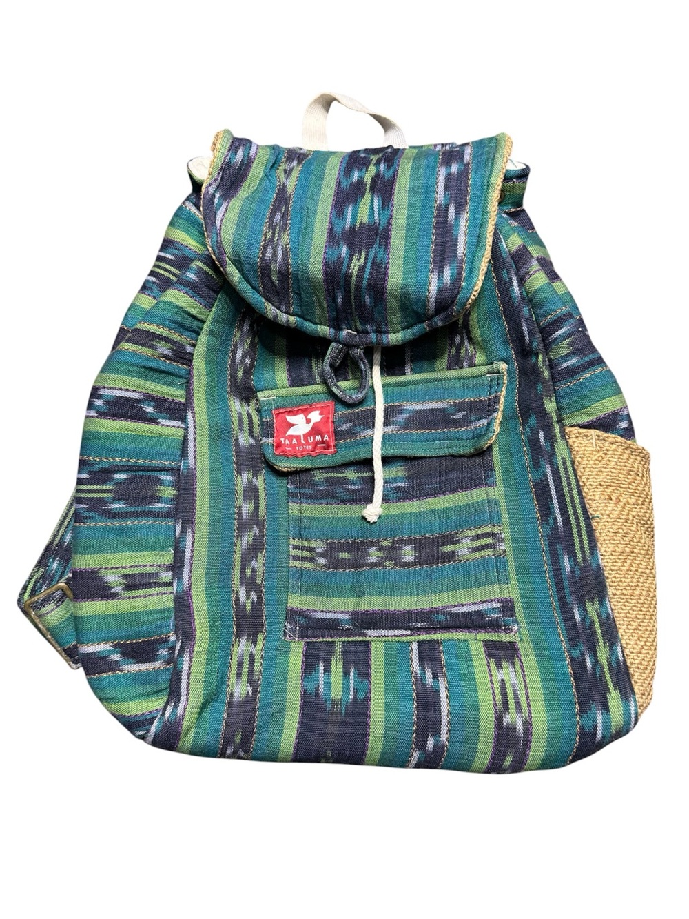 Taaluma Totes Green Woven Backpack Tribal Ikat Drawstring Boho Travel Bag